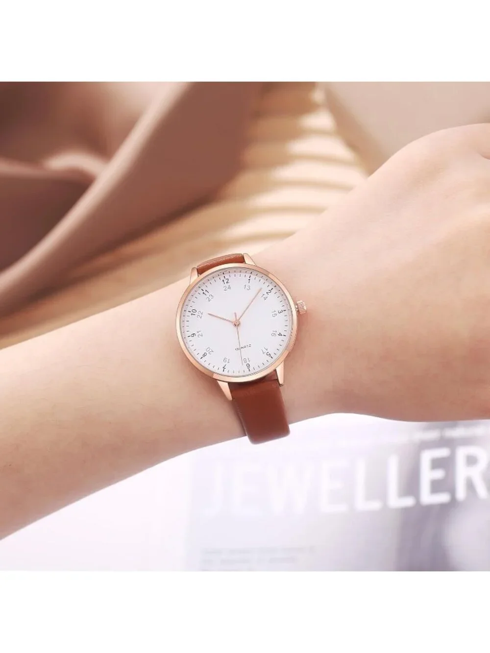 Women's Brown And White Analog Case Quartz Leather Mesh Strap Round Wrist Watch